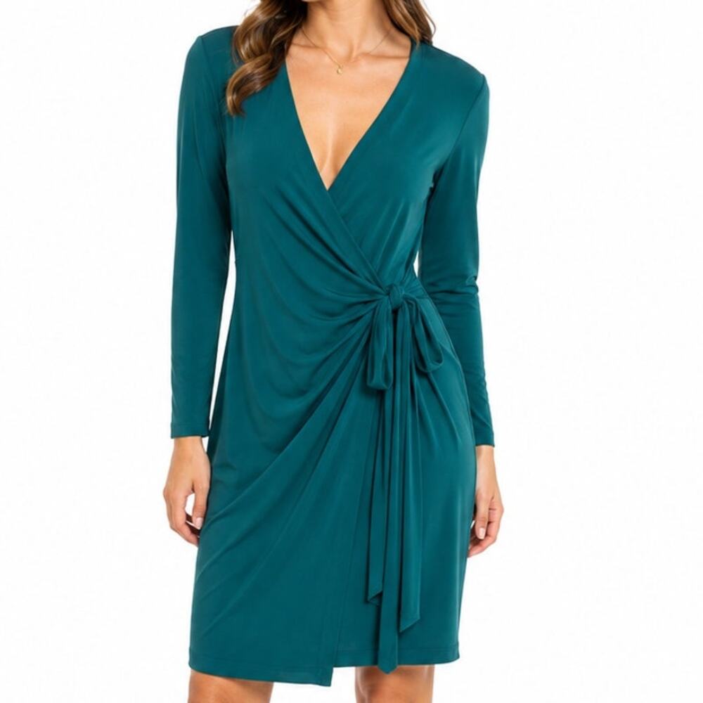 Ann Taylor NWT Green Wrap Dress Womens 6P Petite Long Sleeve Tie Waist